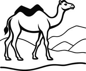 Fototapeta premium Silhouette of a camel walking gracefully across vast sand dunes under a clear desert sky isolated on white background isolated on transparent background