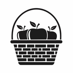 Apple in basket vector image. Black and white Apple in basket vector image isolated on white background.