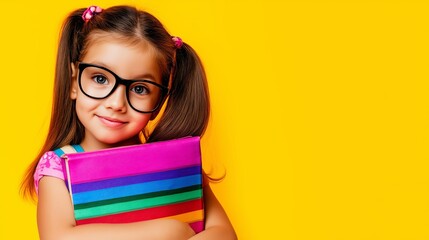 Cheerful schoolgirl embracing textbooks, yellow backdrop highlighting educational enthusiasm