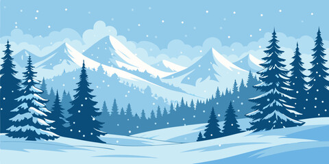 Christmas Snow Scene with Mountains and Pine Trees. Vector Illustration