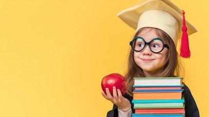 Happy child wearing graduation cap and gown holding a stack of books and a red apple on yellow background