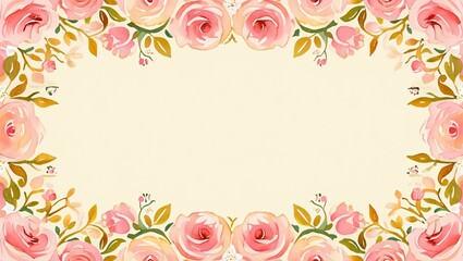 Obraz premium Soft watercolor floral border with pink roses and green leaves on a cream background