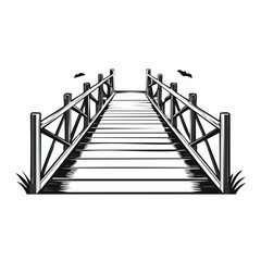Wooden Bridge Images vector. Black and white Wooden Bridge Spring image vector isolated on white background.