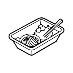 Stylized line art illustration of a takeout container holding two dumplings and chopsticks isolated on white background isolated on transparent background