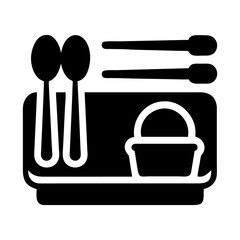 Simple black icon representing a sushi platter with two spoons and three chopsticks on a white background isolated on white background isolated on transparent background