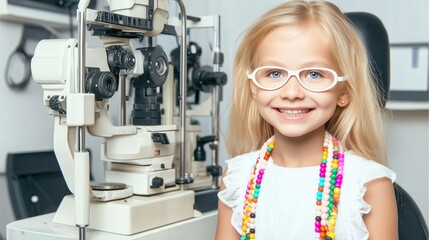 A smiling girl with white glasses having her eyes examined at an eye clinic