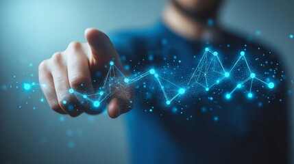 Businessman pointing at futuristic virtual dashboard with financial metrics and predictive analytics data
