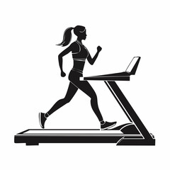 Silhouette of young slim woman running on treadmill Vector illustration on white background.