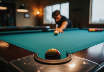 Precise shot in a game of billiards. A man concentrates on lining up a flawless strike during an engaging match, symbolizing focus and strategic thinking.