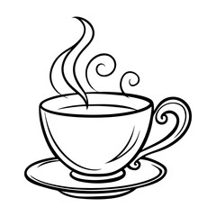 Elegant black and white line art drawing of a steaming coffee cup and saucer perfect for cafe menus or beverage branding isolated on white background isolated on transparent background