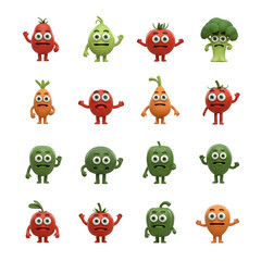 Obraz premium Colorful animated vegetable characters with expressive faces and various hand gestures on transparent.
