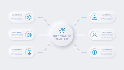 Neumorphic flow chart infographic. Creative concept for infographic with 6 steps, options, parts or processes.