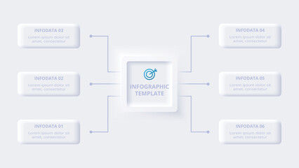 Neumorphic flow chart infographic. Creative concept for infographic with 6 steps, options, parts or processes.