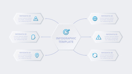 Neumorphic flow chart infographic. Creative concept for infographic with 6 steps, options, parts or processes.