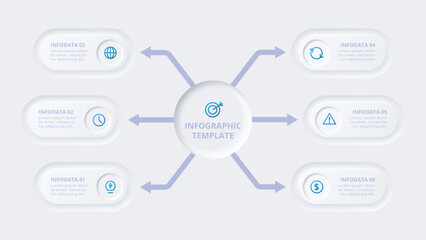 Neumorphic flow chart infographic. Creative concept for infographic with 6 steps, options, parts or processes.