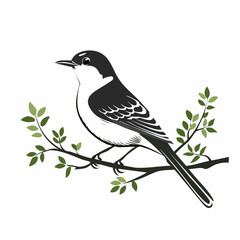 Black and white Northern Mockingbird Sitting In Tree image vector isolated on white background.