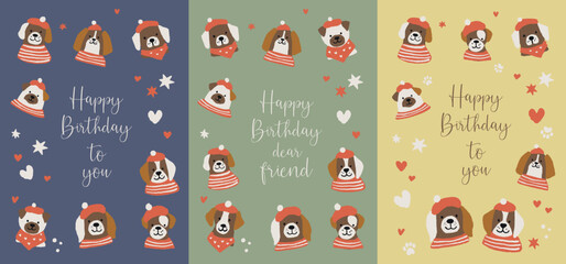 Greeting card with funny puppies vector set