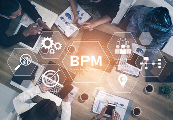 Business Process Management concept showing workflow analysis, process optimization, team...