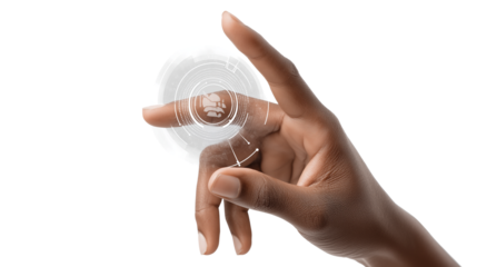 Touchscreen hand gesture over virtual assistant icon, transparent background, PNG