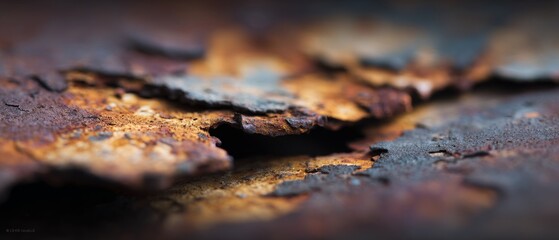 A close-up of weathered, rusted metal, revealing layers of decay and texture, portraying the beauty of natural erosion and time's passage.