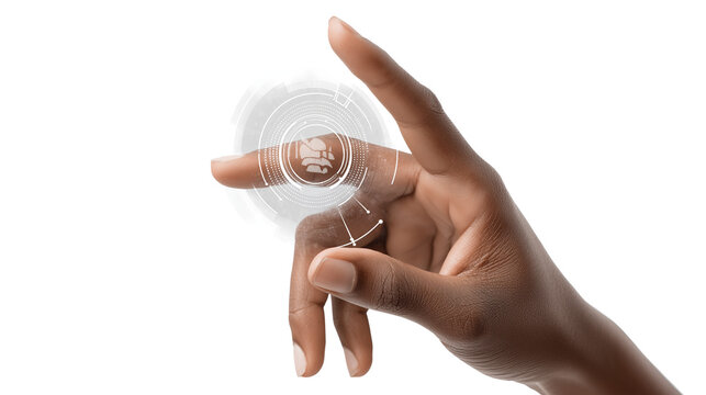 Touchscreen hand gesture over virtual assistant icon, transparent background, PNG