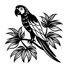 Fototapeta premium Stylized black silhouette of a macaw parrot perched on a branch with tropical leaves isolated on white background isolated on transparent background