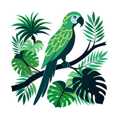 Vibrant green parrot perched on a branch surrounded by lush tropical jungle foliage and palm leaves isolated on white background isolated on transparent background