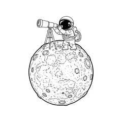 Floating astronaut with telescope looking at swirling galaxy in hand-drawn cosmic scene. Vector Illustration
