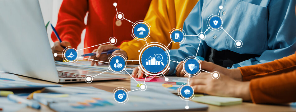 Startup company employee working together, analyzing BI dashboard paper on financial data report and planning strategic marketing for business success in panorama banner. Synergic Amity