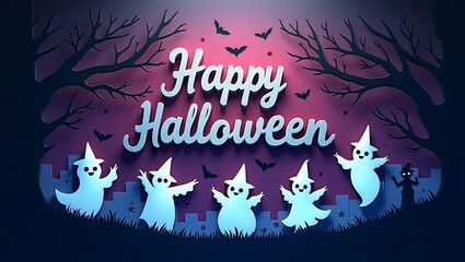 Whimsical halloween scene with dancing ghosts and spooky trees