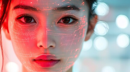 The photo of a beautiful Asian woman, her face illuminated by a scanning Face ID pattern. 