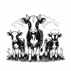 Four adorable calves standing in a grassy field image vector isolated on white background.