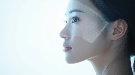 The photo of a beautiful Asian woman, her face illuminated by a scanning Face ID pattern. 