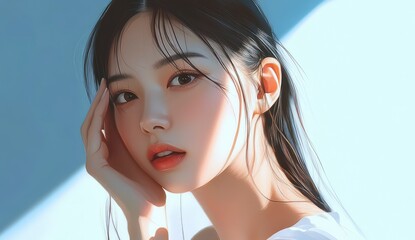Beautiful Korean woman with clean and healthy skin touching her face