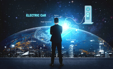 Structure of electric car showing battery system, traction motor, control units, and charging...