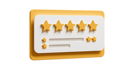 Product review card with 5 stars and comment box, isolated icon, white background, PNG