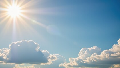 create a photo of a serene blue sky cloudscape with a bright sun shining on the left side of the image