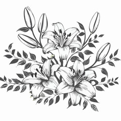 Lily flowers branch with flowers and buds vector illustration on white background