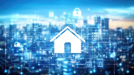 Digital home security system overlaid on a cityscape.