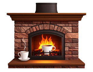 Cozy fireplace with hot drink, transparent background