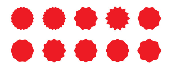 Set of red blank seal badge shapes with wavy and pointed edges. Vector graphic icons isolated. Label and tag design concept. Template and mockup elements for design and print