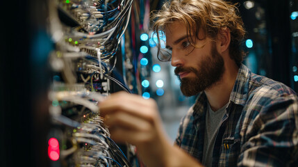 Engineer plugging cable into a secure server rack, Cybersecurity, photo style