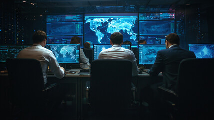 Team of cybersecurity experts in a war room during a cyberattack, Cybersecurity, photo style