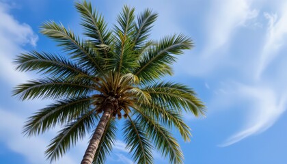 tropical escape subject: palm tree under a blue sky with wispy clouds description.