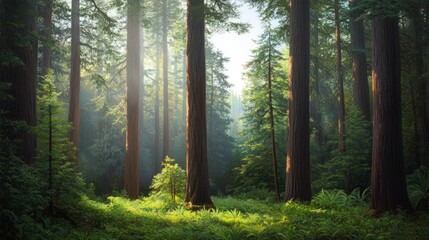 Obraz premium Sunlight filtering through a dense redwood forest. Peaceful, serene scene