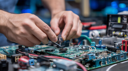 IT specialist repairing hardware on a tech workbench, IT, photo style