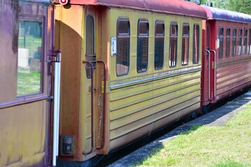 Old colorful train wagons standing still on rusty tracks at an overgrown, grassy station. Forgotten...