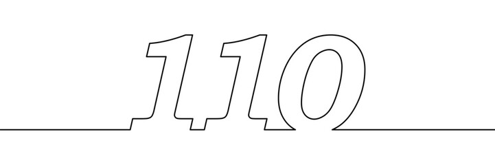 Number 110 drawn in continuous single line style. Minimalist contour numeric illustration. Anniversary, milestone, and birthday concept. Template element for design and print