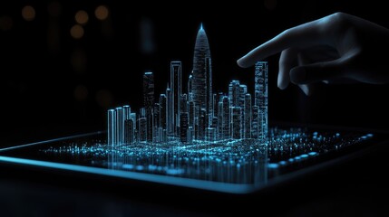 Digital cityscape projection on a tablet.