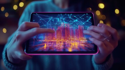 Close-up of hands holding a tablet displaying a digital cityscape.